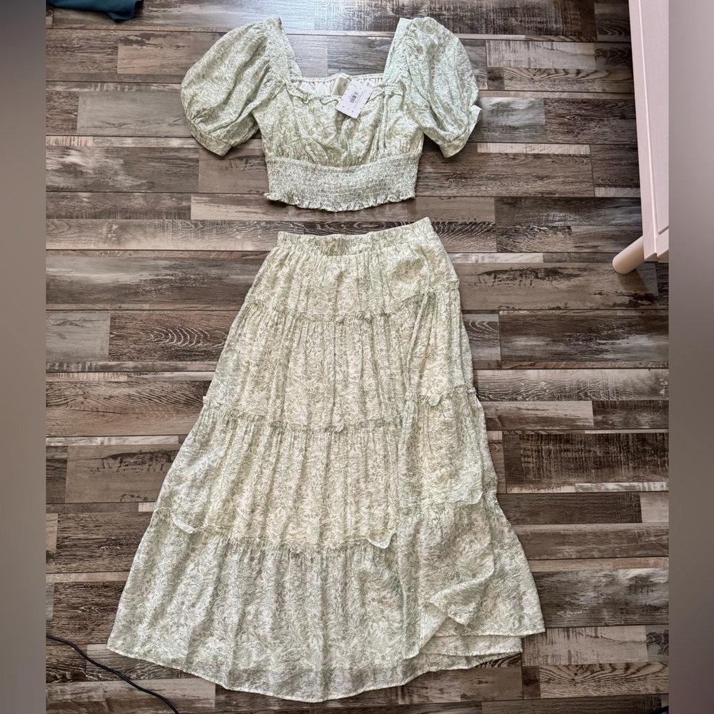 Floral Green Top and Skirt Set